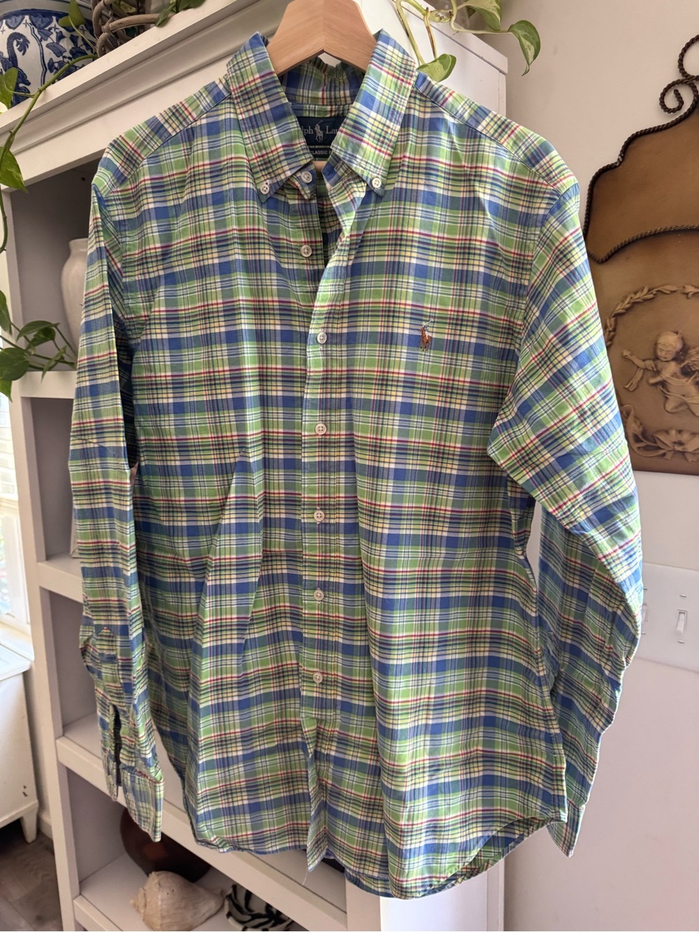 Ralph Lauren Blue, Green & White Plaid Button-Down Shirt